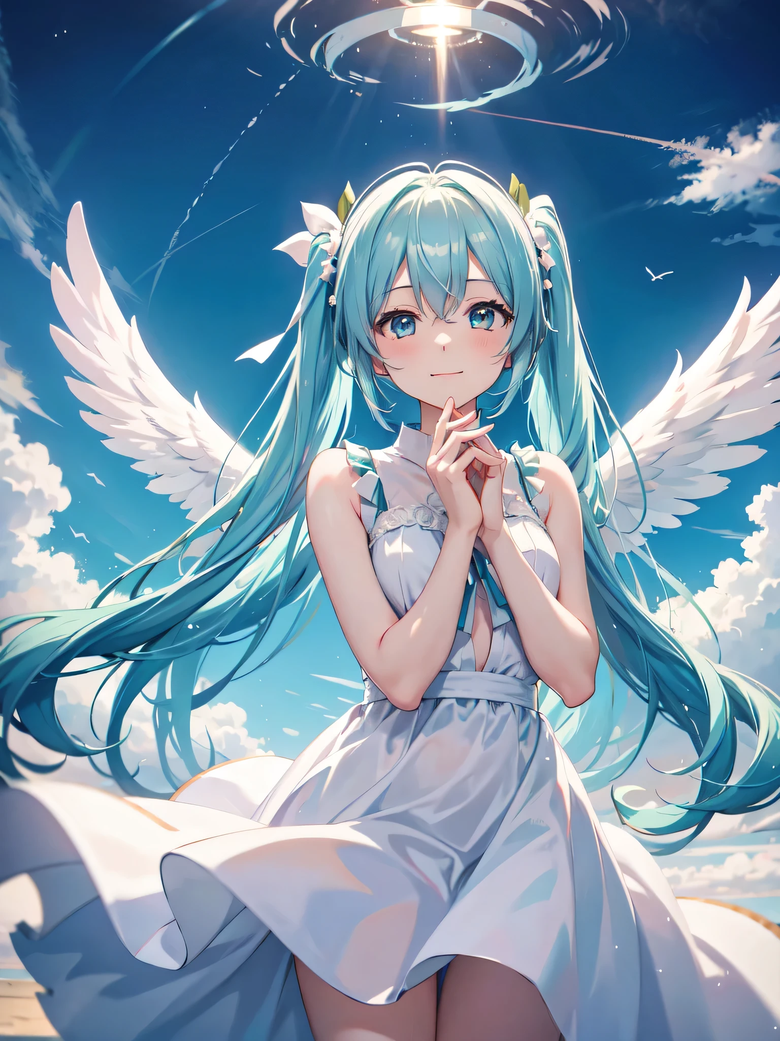 Hatsune Miku、White angel wings、long white dress、Angel halo on head、heaven、I am praying、Smiling、Floating
