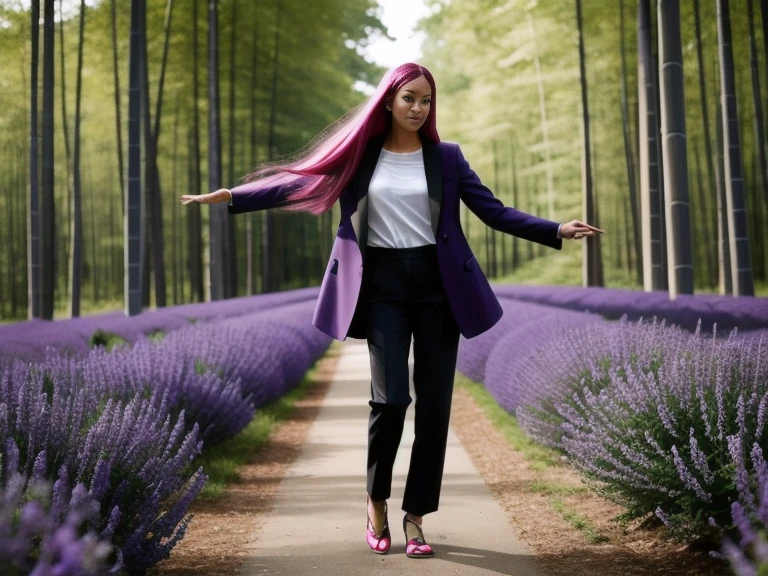 masterpiece, Best quality, Realistic, 
Sublime femme 35 ans, （Gilet de yoga blanc：1.2）,  seul, Pose，Scene details， cheveux roses, Baisse les yeux et souris，silhouette fine parfaite，((Pantalon de yoga moulant de couleur vive, Yeux violets, very long pink hair flying in the wind)), tout le corps，belle poitrine push-up，exterior bamboo and forest , pose emphasizing one&#39;s balance and beauty. ultra Realistic, texture de peau Realistic, 16k, longues jambes, mains parfaites, very detailed eyes perfect and sublime:1.6, the abdominals are slightly defined, 