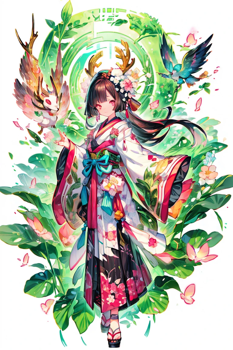 (Masterpiece:1.2)，Best quality，white backgrounid，Bamboo leaves，（1Blittle girl：1.5，Full body standing painting，looking at viewert），deer antlers, Entwined vines, petals, Pink and white clothes，long  skirt，facial closeups，big beatiful eyes，detailed face with，Flashy clothes，Wide_Sleeves，sash，flower，Ethereal panda，Dreamy，Onmyoji detailed art，A beautiful artwork illustration，Beautiful digital artwork，shoes，Footwear, komono, Zephyr elements, Flashy clothes, Traditional oriental art style, Beautiful painting style, ukiyo-style, tmasterpiece, top Quority, best qualtiy, Ultra-high resolution