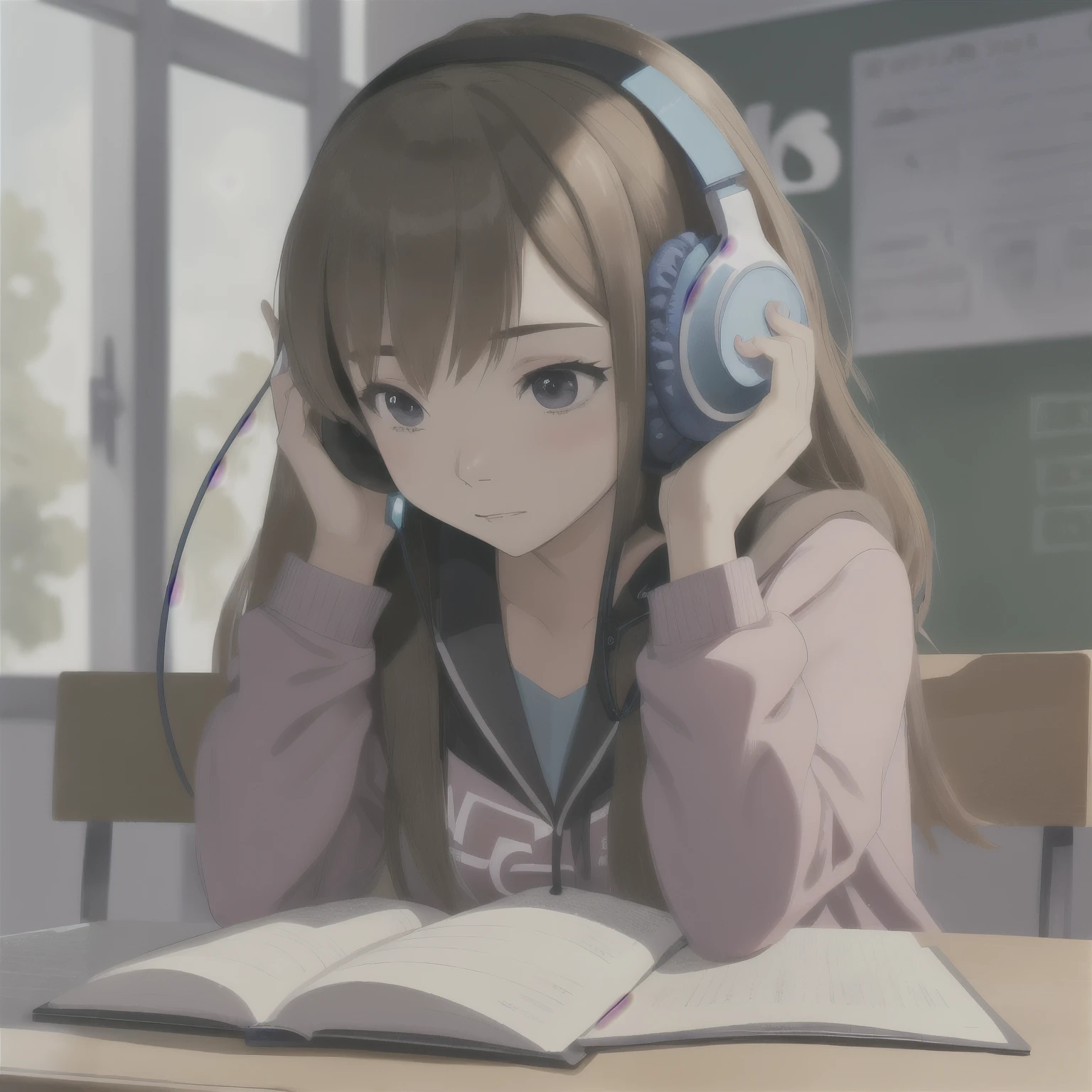 High school girl with headphones studying、