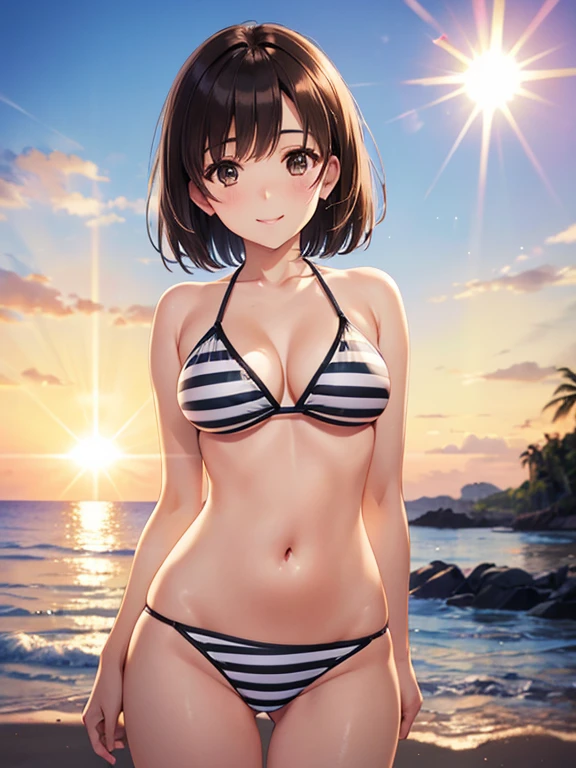 masterpiece, highest quality, High resolution, 

katou megumi、Shiny brown hair, short hair, Beautiful brown eyes、smile、Sparkling eyes, (Fine grain)、Ultra-detailed eyes、Highly detailed face, 
White and black striped bikini、Cowboy Shot、Summer beach、The blazing sun、Lens flare