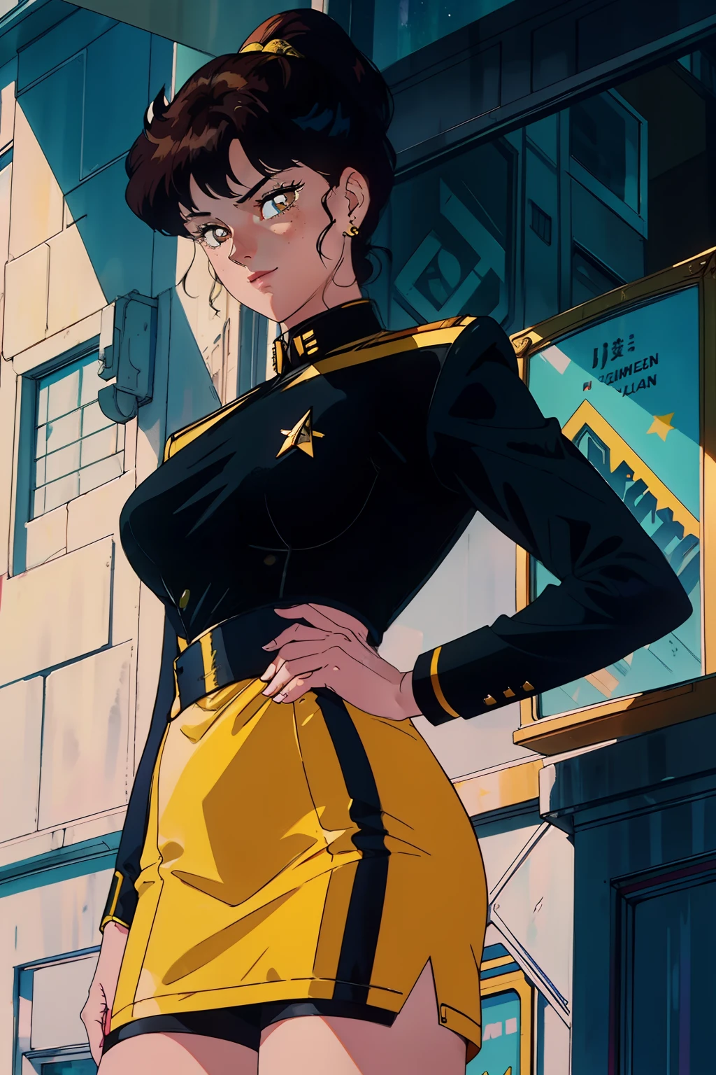 (Masterpiece), Close-up Portrait of a Gorgeous Woman in a Black and Yellow Star Trek Picard Uniform, Detailed Insignia, Long Black Sleeves, Black Chest, Yellow Shoulders, Lean Physique, No Accessories, Dark Eyes, Sculpted Face, Smile, Blush, Freckles, Waist Shot, Close-Up Perspective, Cityscape Backdrop -- s2
(Masterpiece), Close Cropped 80s Hairstyle, Close-up Portrait of a Beautiful Woman in a Daily Life Scene, Wearing a Black and Yellow Star Trek Picard Uniform, Detailed Insignia, Long Black
