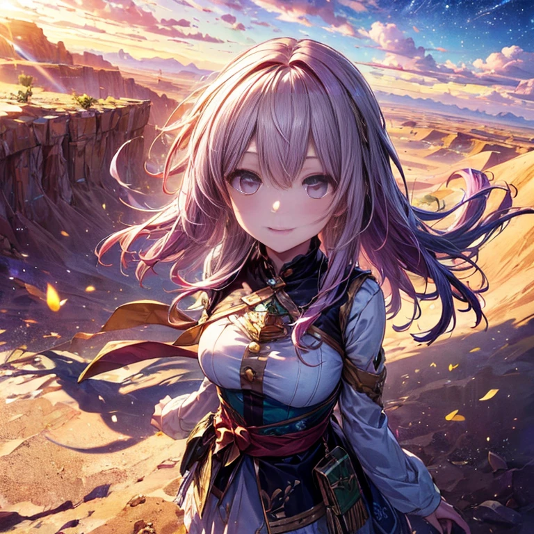 (((masterpiece)))、(((highest quality)))、((Ultra-detailed))、(Awareness-raising)、((Very delicate and beautiful))、、Bright smile、floating、Light purple hair、(Detailed light) (One Girl)、、solo、Long-haired、The wind is blowing、world、Originally、(desert)、(Cute eyes)、Yellow sand in the sky,The background is a vast desert, Desert Oasis,,succulent plants,(Aerial view)、(Loose clothing with good ventilation)