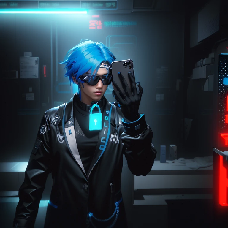 There was a man with blue hair and a black jacket holding a cell phone., Live2d virtual YouTuber model, In the game, In Cyberpunk 2077, WeChat, cyber glasses, Fashion Gameplay Screenshot, cyber style, cyber aesthetics, Virtual Identity, second life avatar, In the game, In the game, In the cyber-punk alliance, cyberpunk setting