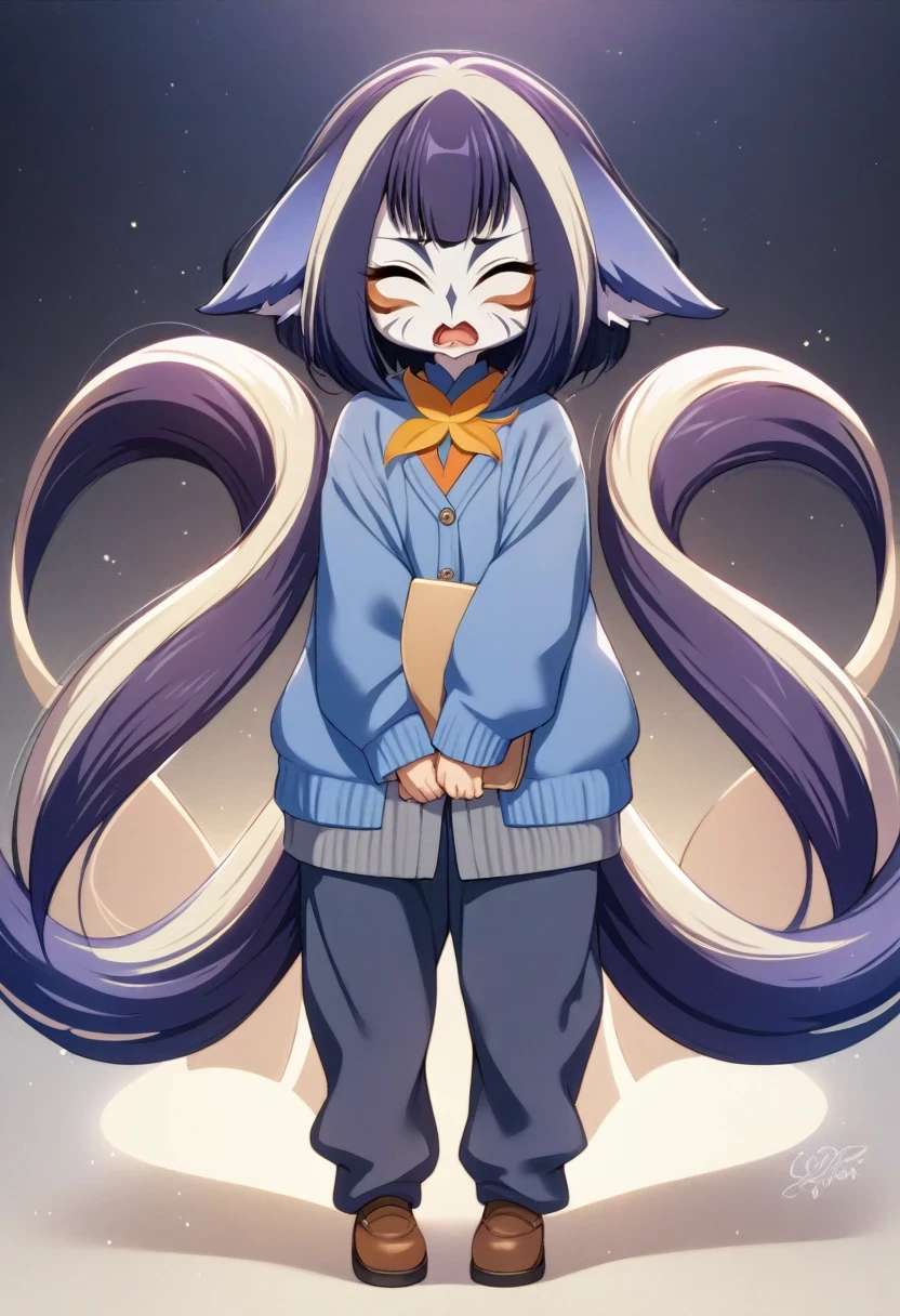 (shylily/(Twich/):1.5),(masterpiece:1.2),(best quality:1.2),whole body,、Double tail、Cardigan、Awkward、School、19 years old、Proud