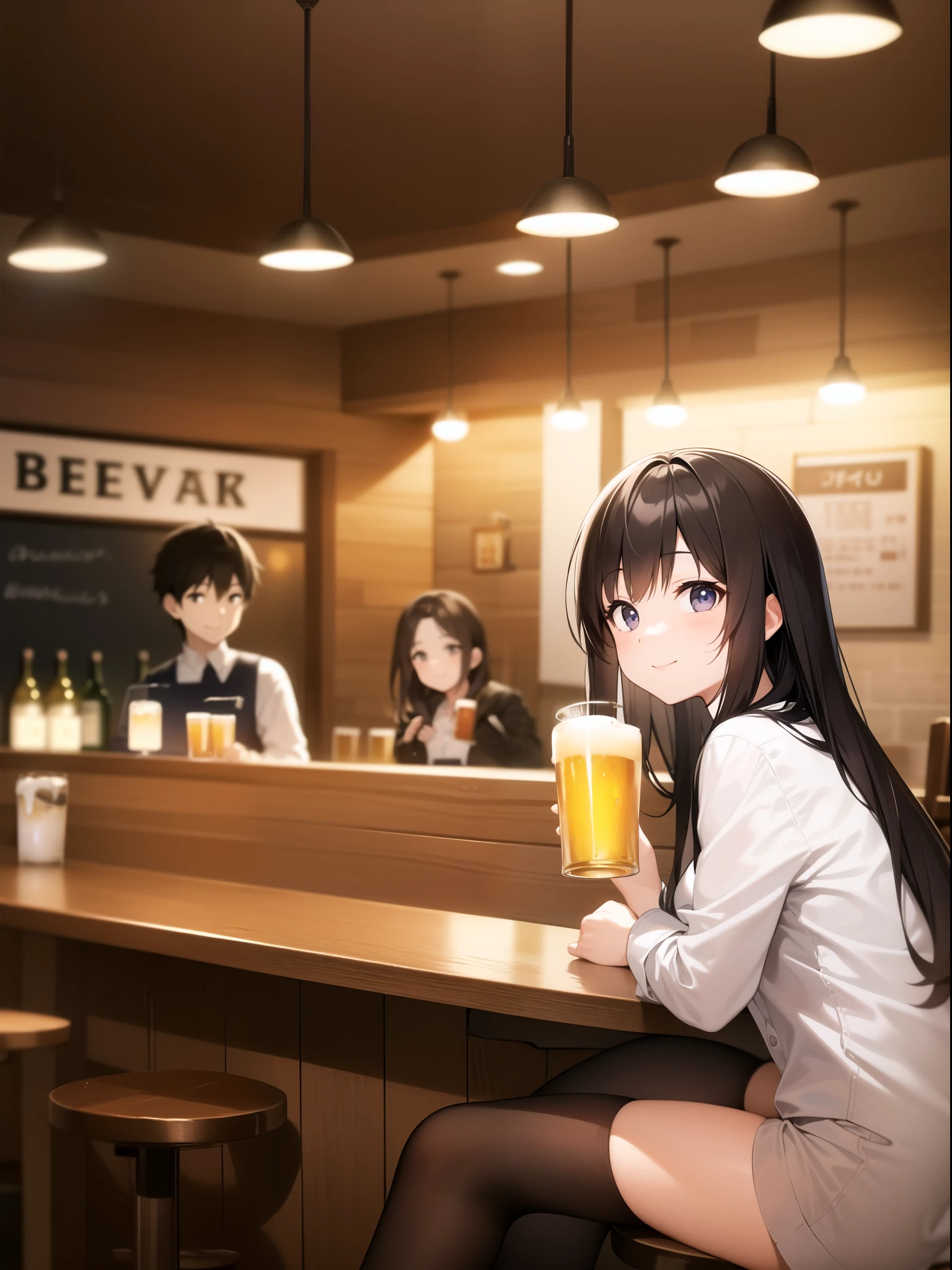 At the pub、A woman drinking beer at a table with food。Woman wearing a white shirt、Smiling and holding a beer mug。In the background is a bar counter and a row of wooden chairs.、There is a warm atmosphere。
