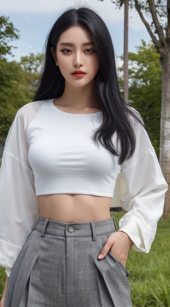 black hair,yellow eyes,(high quality eyes),masterpiece, best quality, high quality, highres, outdoors, looking at viewer, white shirt, crop top,, white pants, , tall female,