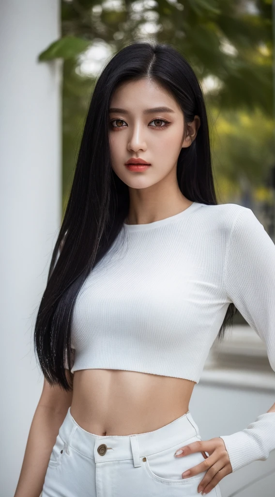 black hair,yellow eyes,(high quality eyes),masterpiece, best quality, high quality, highres, outdoors, looking at viewer, white shirt, crop top,, white pants, , tall female,