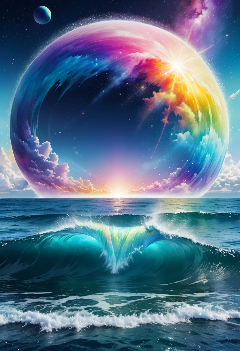 highest quality, Super quality, 16k, RAW Photos, Realistic, Incredibly absurd, Very detailed, (Complex, semi-transparent, large geometric objects) 　、Floating on the ocean of the galaxy, Mysterious shape, Fantasy world image, Fantastic and mysterious, Emitting cosmic rays, break , Background watercolor art, Wet in Wet,Real Image Style, Rainbow fluffy round pastel color image style