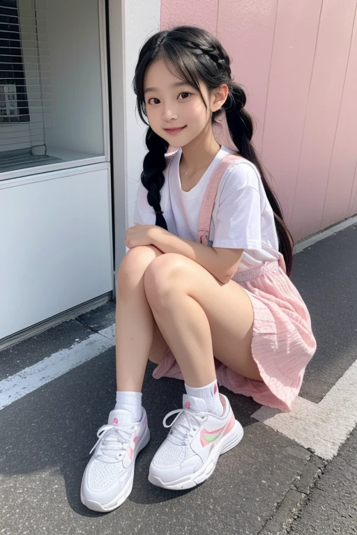 Long black hair braided in twin tails、Pink dress、Wearing white sneakers、Around 、Carrying a pink backpack、Studying at a desk、A gentle smile、 The setting for Doraemon、Nobita&#39;s home room and school background、８K,masterpiece