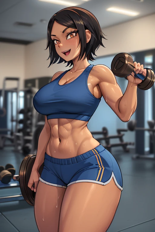 8K, (best quality, masterpiece:1.3), (detailed:1.2), 1girl, solo, ((26 year old, Filipino Woman, tanned bronze skin:1.02, short black hair:1.3, Detailed Amber eyes:1.03, Detailed face, medium breasts, narrow waist, wide hips, curvy (Wearing: Blue Sports bra, Blue Shorts:1.2)), (midriff), (agile physique:1.1), (Character Focus),Perfect Anatomy, Looking at Viewer. (Holding dumbbells in hands:1.2), The woman's skin is covered in sweat.(Ideal ratio body proportions:1.1), she's looking directly at the camera with a smile, open mouth. (Background: Indoors, Gym), full body,