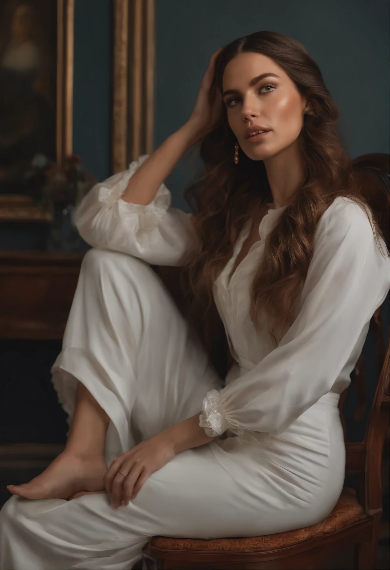 "Create an ultra-realistic work of art inspired by the company's Instagram page @lunacaptivante (https://www.instagram.com/lunacaptivante/). The composition should feature a dark-haired woman with long hair falling to her lower back, Vestido com jeans e um casaco, with a deeply sad expression. Pay meticulous attention to detail to make the art as realistic as possible, capturando as texturas das roupas, of the model's hair and emotions."