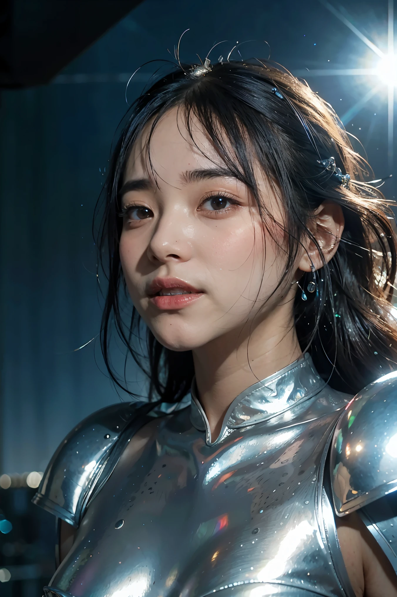 best quality, masterpiece, realistic, 1girl, goddess, messy [updo|hanging] hair, (full body:0.6), solo, (full body:0.6), looking down, detailed background, detailed face, Sc3pt4, sci-fi theme:1.1), mercury-wizard, melancholic, surrounded by waves of iridescent silver, alchemical imagery, reflections, silver-colored fluid, metallic sheen, shiny, dynamic pose, fluid movement, floating particles, droplets of mercury, flowing metal, blending mercury, foreign planet in background, dripping mercury formations, volumetric lighting, cinematic atmosphere, sharp details, high detail skin, realistic skin texture, perfect eyes