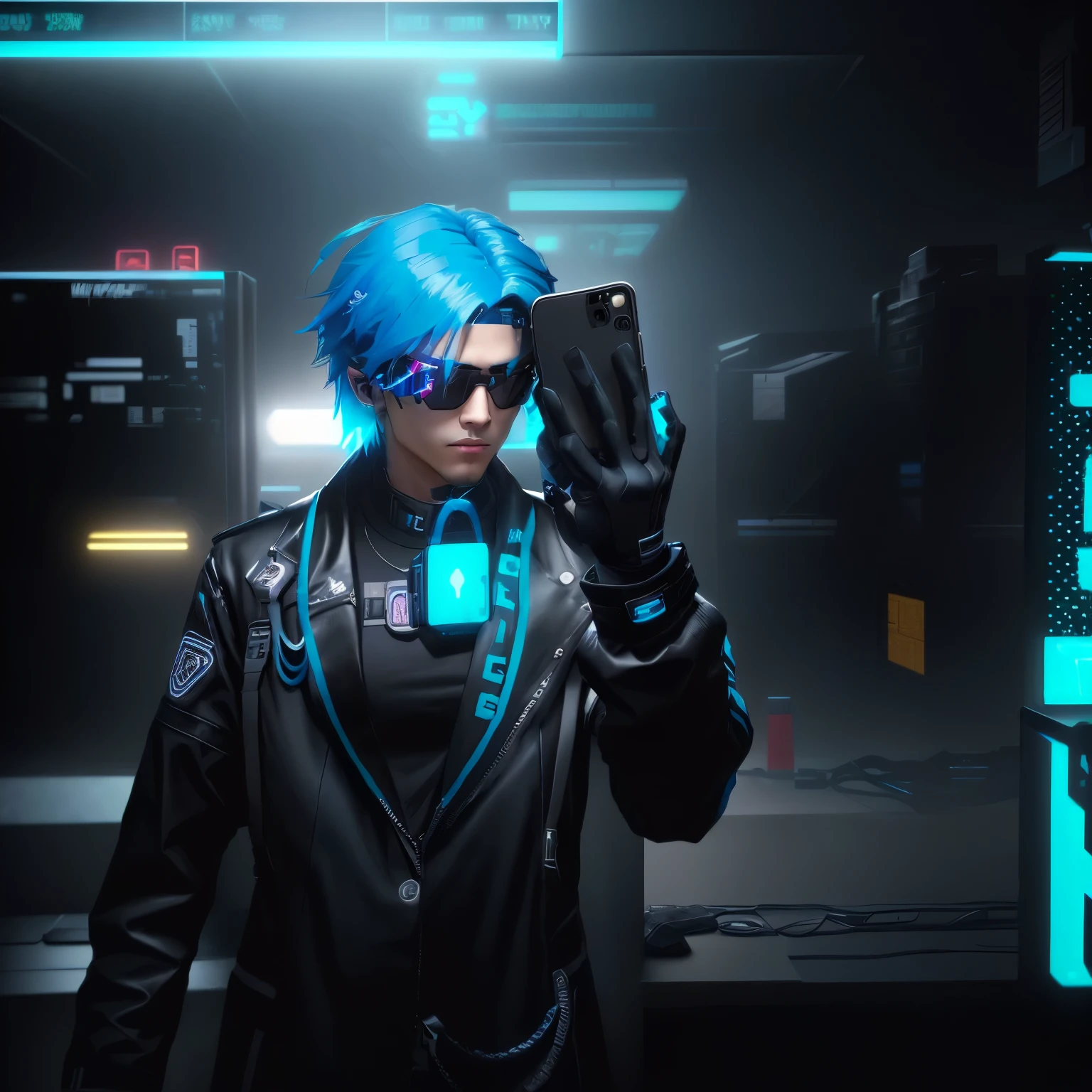 There was a man with blue hair and a black jacket holding a cell phone., Live2d virtual YouTuber model, In the game, In Cyberpunk 2077, WeChat, cyber glasses, Fashion Gameplay Screenshot, cyber style, cyber aesthetics, Virtual Identity, second life avatar, In the game, In the game, In the cyber-punk alliance, cyberpunk setting