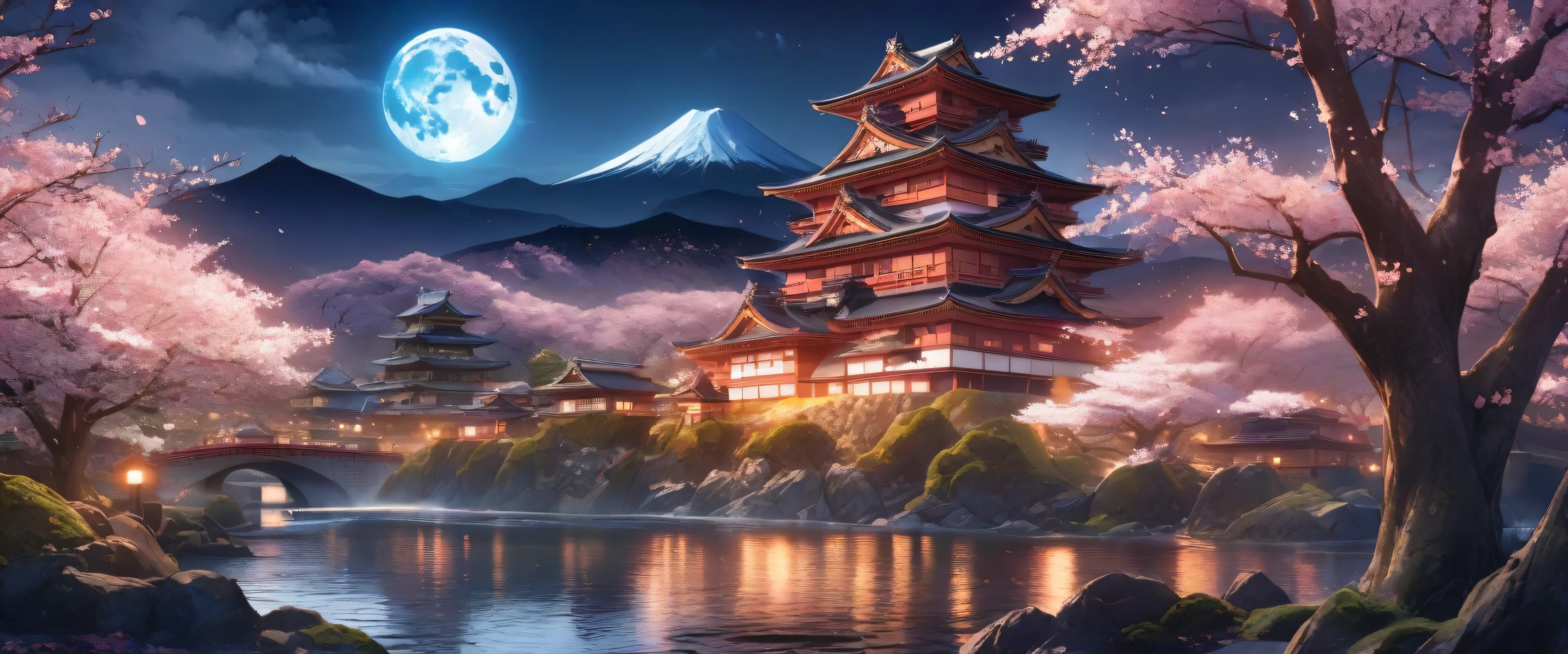 japanese land, sakura tree, japanese castle, fuji montain, blue moon, night