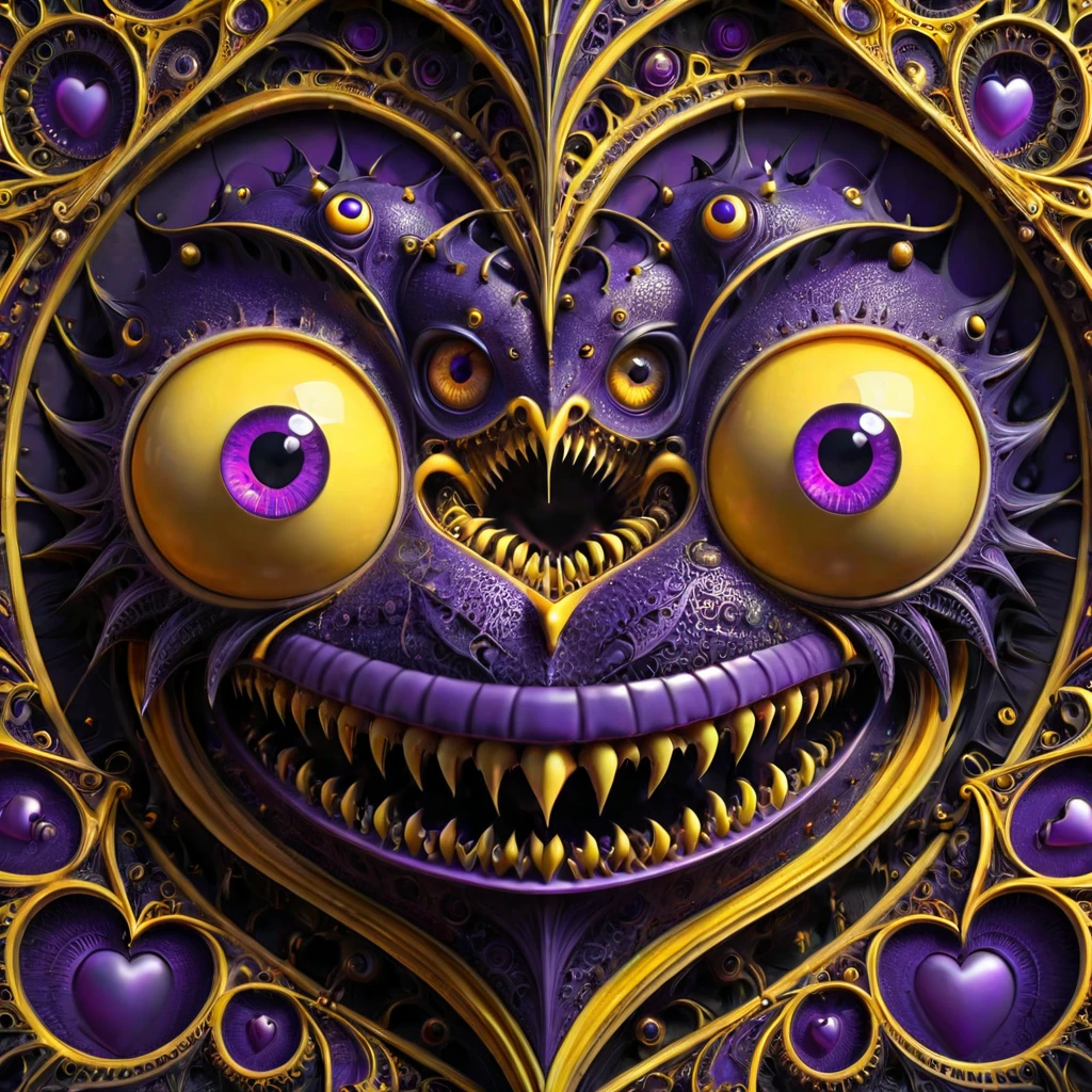 Gothic punk style , grandeur. abstract pattern on obsidian glass in which hearts eyes eyes fangs and smiles are subconsciously guessed , depth perception , perspective distortion , references to Rob Gonsalves and Roby Dwi Antono , masterpiece , octane rendering , purple yellow shadows. overdetailization