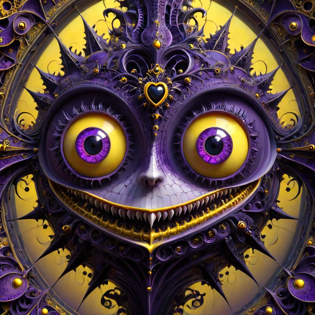 Gothic punk style , grandeur. abstract pattern on obsidian glass in which hearts eyes eyes fangs and smiles are subconsciously guessed , depth perception , perspective distortion , references to Rob Gonsalves and Roby Dwi Antono , masterpiece , octane rendering , purple yellow shadows. overdetailization