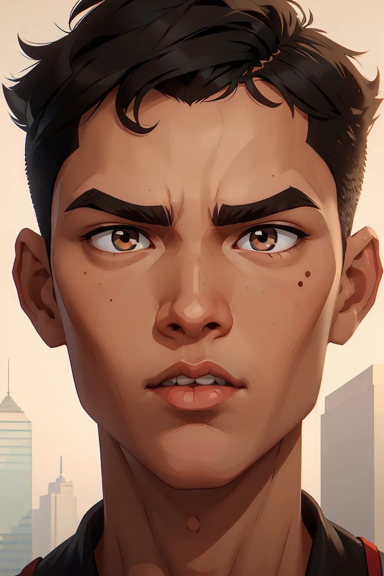 Asian guy, short black hair in crew-cut hairstyle, dark brown eyes, small straight nose, round face, slim, tall and slim, basketballer body type, average face, beauty spot on cheek, super wide mouth with thin lips ((close-up of face)), (exaggerated surprised expression)