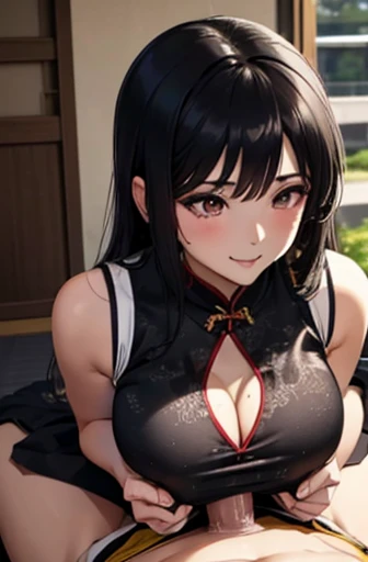  adult japanese girl, long black hair, nsfw, ((sleeveless cheongsam dress)), (((((paizuri))))), view from above, orgasm, 1 white male in front of her, ((male ejaculate)), ahegao, hard erect penis, breast cleavage, (((tit fuck))), smile