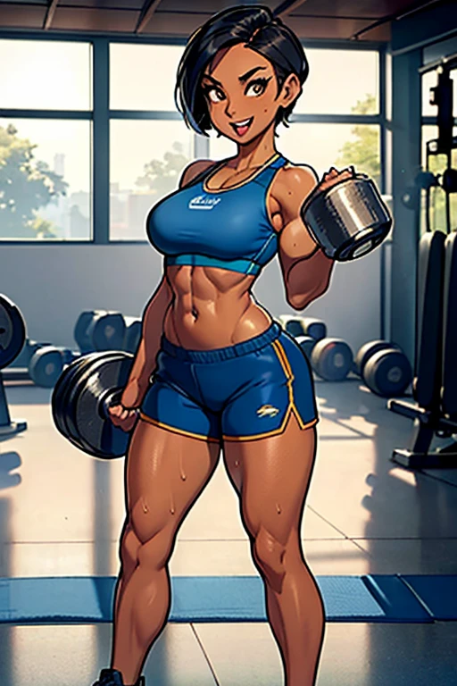 8K, (best quality, masterpiece:1.3), (detailed:1.2), 1girl, solo, ((26 year old, Filipino Woman, tanned bronze skin:1.02, short black hair:1.3, Detailed Amber eyes:1.03, Detailed face, medium breasts, narrow waist, wide hips, curvy (Wearing: Blue Sports bra, Blue Shorts:1.2)), (midriff), (agile physique:1.1), (Character Focus),Perfect Anatomy, Looking at Viewer. (Holding dumbbells in hands:1.2), The woman's skin is covered in sweat.(Ideal ratio body proportions:1.1), she's looking directly at the camera with a smile, open mouth. (Background: Indoors, Gym), full body,