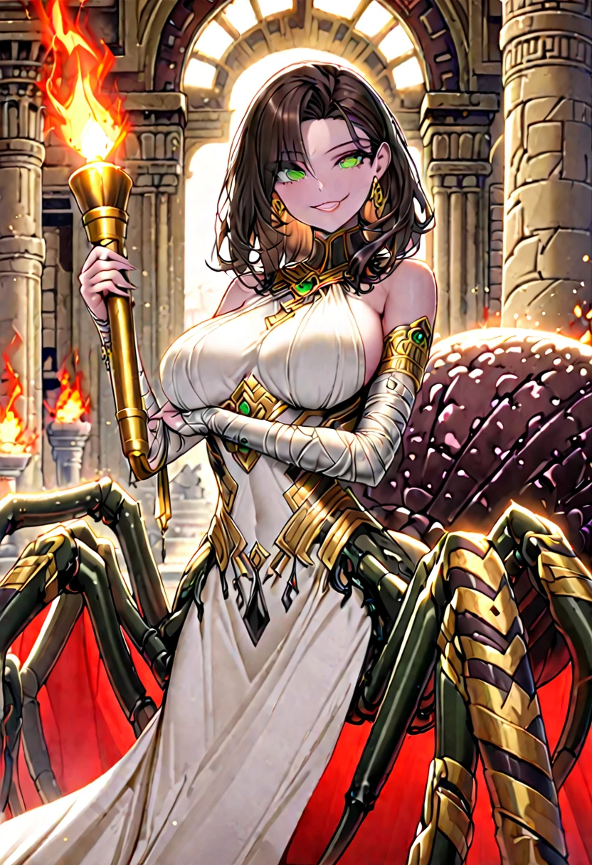 solo, female, sfw, medium shot, creamy skin, enigmatic smile, inviting gesture, red drapes, gold, luxury, silk, day, bandages, simply gown, white gown, palace, green eyes, brown hair, multifaceted eyes, black tarantula body, large breasts, torch, spider legs, brown hair, pedipalp, egyptian