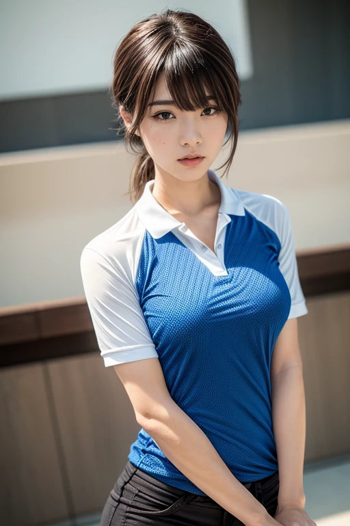UHD, anatomically correct, textured skin, best quality, 8k,Canon, Canon, foreshortening,Cubist Futurism, modern, Realism, Contemporary art, Action painting,drop shadow, blending、Small Breasts, Svelte Body, polo shirt,