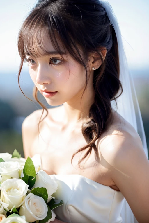 Wedding dress,Half Body,View here,tears,Disheveled Hair,flower,bouquet,Rose,woman,White Dress、Close-up image