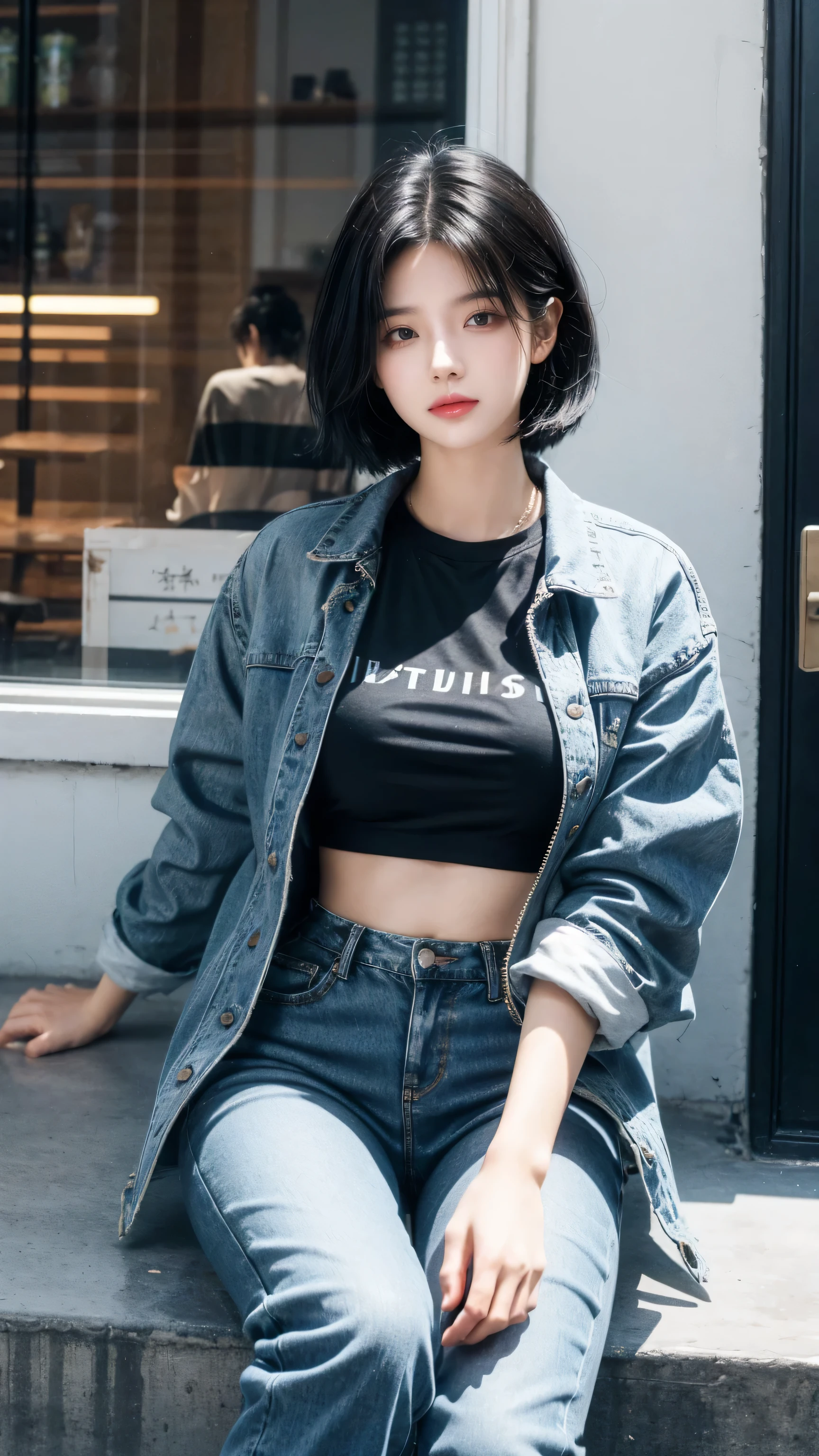 best quality, 1 Girl, dark blue hair, black eyes, Very short hair, Spiky hair, oversize t-shirt, jacket jeans, High waist jeans, 171 cm, Messy hair, Hair between the eyes, Medium breasts, full, Tomboy, aldult, 20 years old, 1 Girl casual clothing style , sat down in his chair and drank a cup of coffee