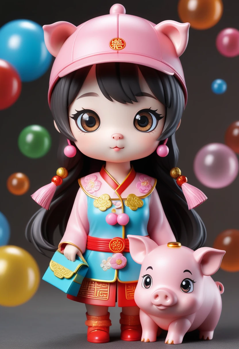 Wearing a Chinese pig hat, Bright Eyes, Bubble Mart Blind Box, 3d rendering,A girl's head