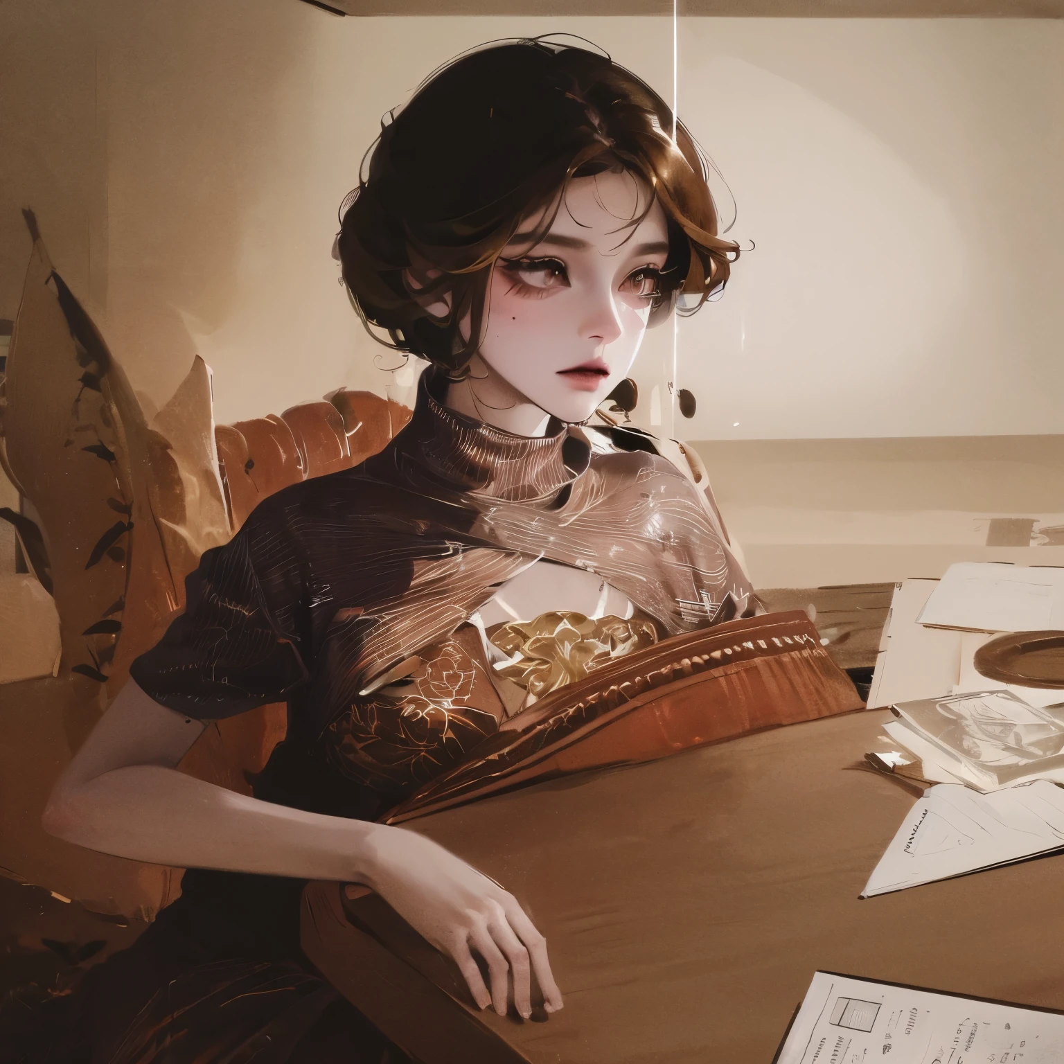 (masterpiece),(best quality), illustration, (fantasy:1.4), long brown hair, Long eyelashes, Solid round eyes, A faint smile, Surrealism, shadow, Relief, Stereogram, Atmospheric perspective, 8K, Super Detail, precise, best quality, Ultra HD, Textured Skin, Long skirt, A moon, Flowers , Paper_cut