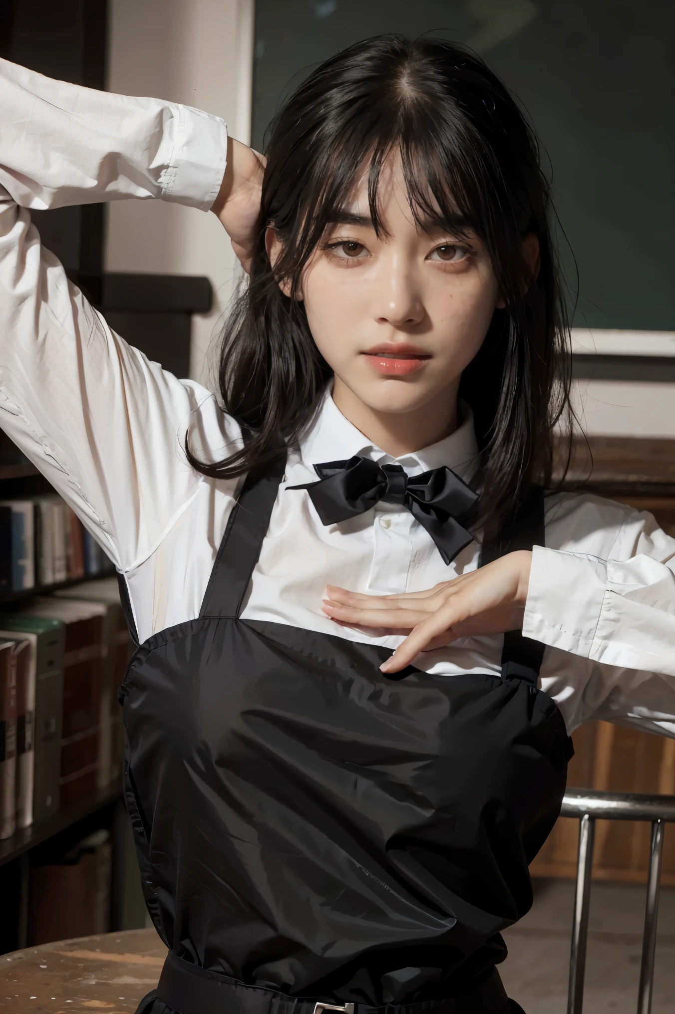 (hyper-realistic), (illustration), (high resolution), (8K), (extremely detailed), (best illustration), Yoru ( Chainsaw Man ), (beautiful detailed eyes), (best quality), (ultra-detailed), (masterpiece), (wallpaper), (detailed face), solo, upper body, focus on face, 1 girl, long black hair, Korean, thin eyeshadow, well-detailed eyes, brown eyes, small moles under the eyes, long sleeve shirt, neck bow, small breasts, pinafore dress, dynamic pose, low lighting, classroom, night, dark