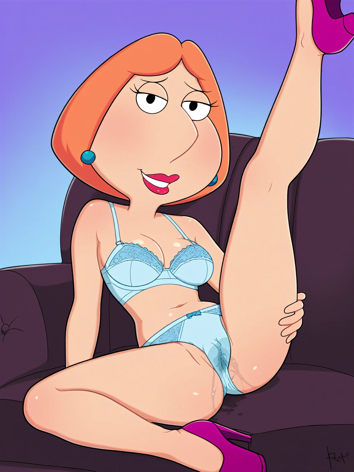 score_9_up,score_8_up,score_6,score_5,score_4,lois, dot pupils, 1girl, blue earrings, jewelry, short hair, solo, lipstick, makeup, orange hair, lace bra, lace panties, breasts, flat color, smile,looking at viewer, hand on own hip, sitting on sofa spread legs, cameltoe, legs up, toon \(style\), pussy juice
