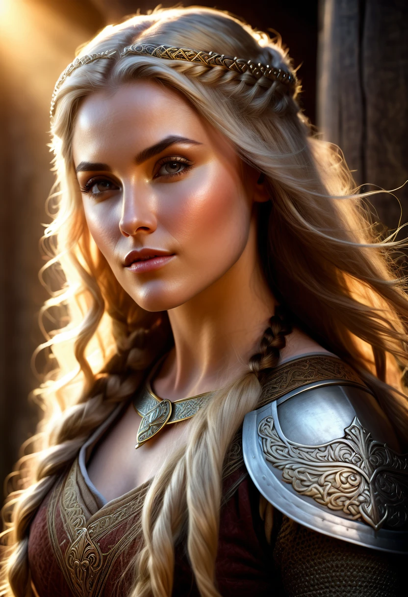 (highly detailed, soft light, photorealistic, realistic light; cinematic) beautiful exotic medieval dark-haired noblewoman, medieval light-haired viking man, embrace, romantic, erotic air, longing, drama.