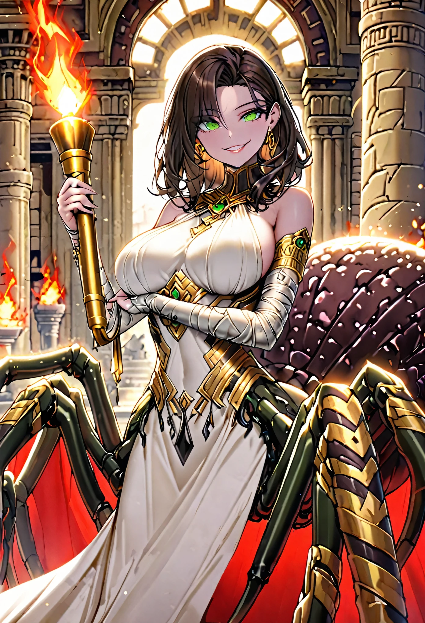 solo, female, sfw, medium shot, creamy skin, enigmatic smile, inviting gesture, red drapes, gold, luxury, silk, day, bandages, simply gown, white gown, palace, green eyes, brown hair, multifaceted eyes, black tarantula body, large breasts, torch, spider legs, brown hair, pedipalp, egyptian