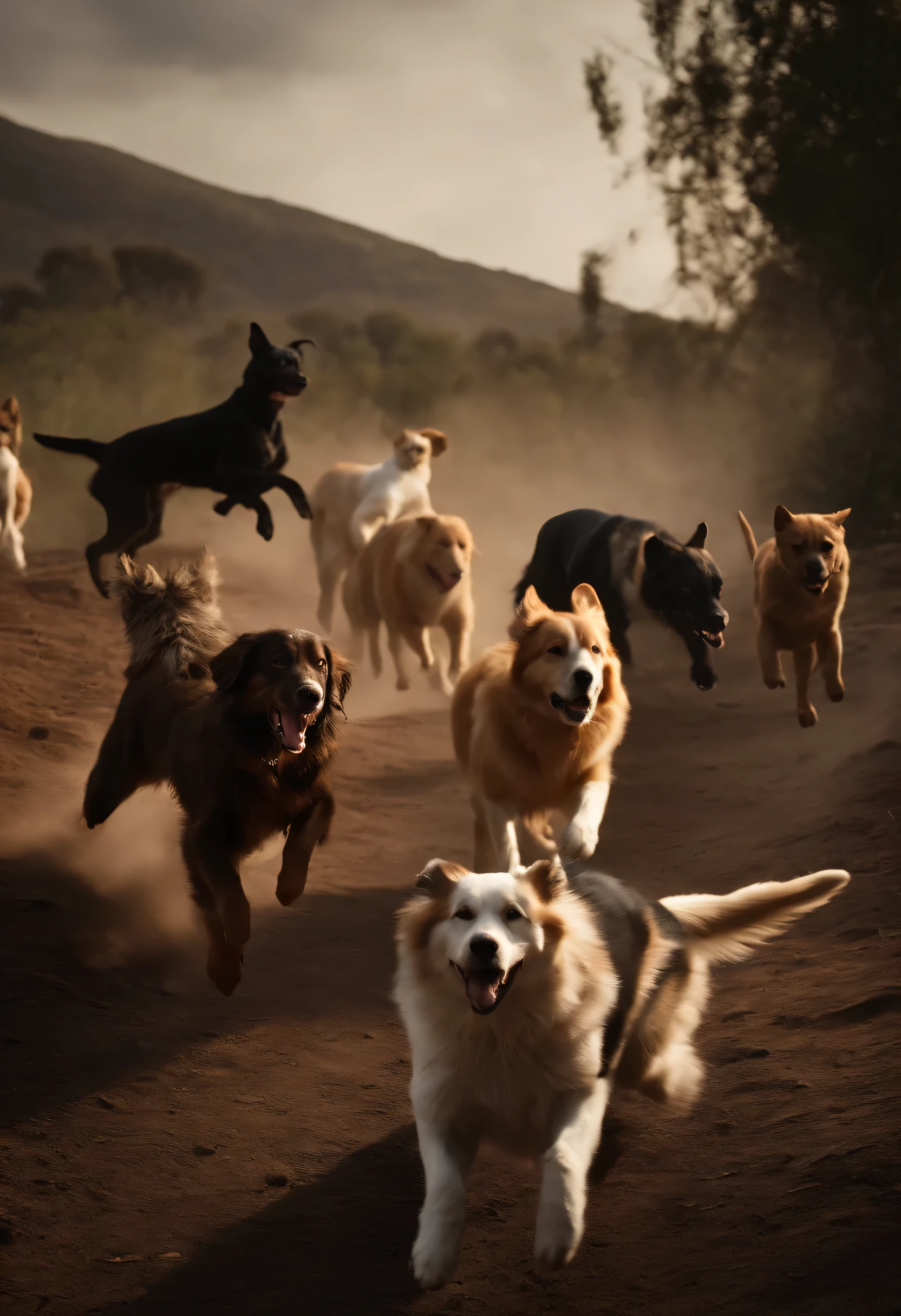 Ultra-realistic photo of five dogs and three cats exhibiting frantic and erratic behavior, pre-earthquake signs, dogs jumping and running away, cats leaping and acting wildly, highly detailed and lifelike, ominous and unsettling atmosphere, sense of impending disaster, dark and eerie setting, tension and fear in the scene
