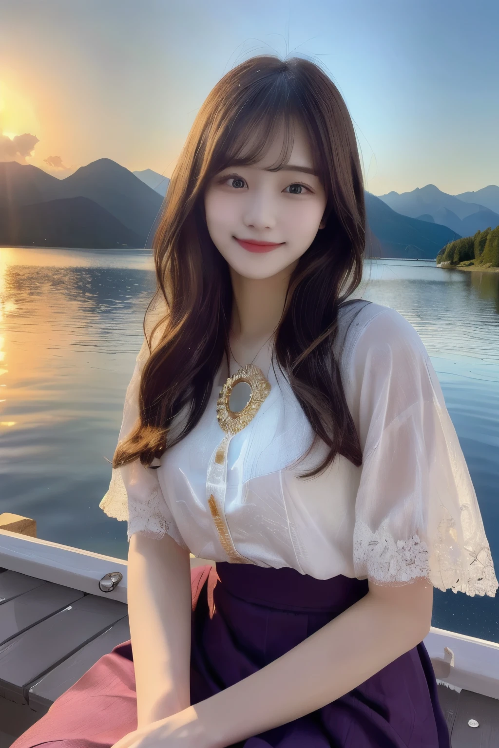 1 girl, Happy expression, Cute eyes, Straight long hair, Skirt that spreads softly, big, Looking at the sun, Calm posture, Porcelain-like skin, Subtle blush, BREAK golden hour crystal pendant, (Edge lighting): 1.2, Cool colors, Solar flare, Soft Shadows, Bright colors, Paint Effects, Great atmosphere Rest Beautiful lake, Distant Mountain々, pin, summit, reflection, Sunlit clouds, Quiet atmosphere, Idyllic sunrise, Ultra-detailed, Official Art, Integrated 8k wallpapers, Zentangle, Mandala