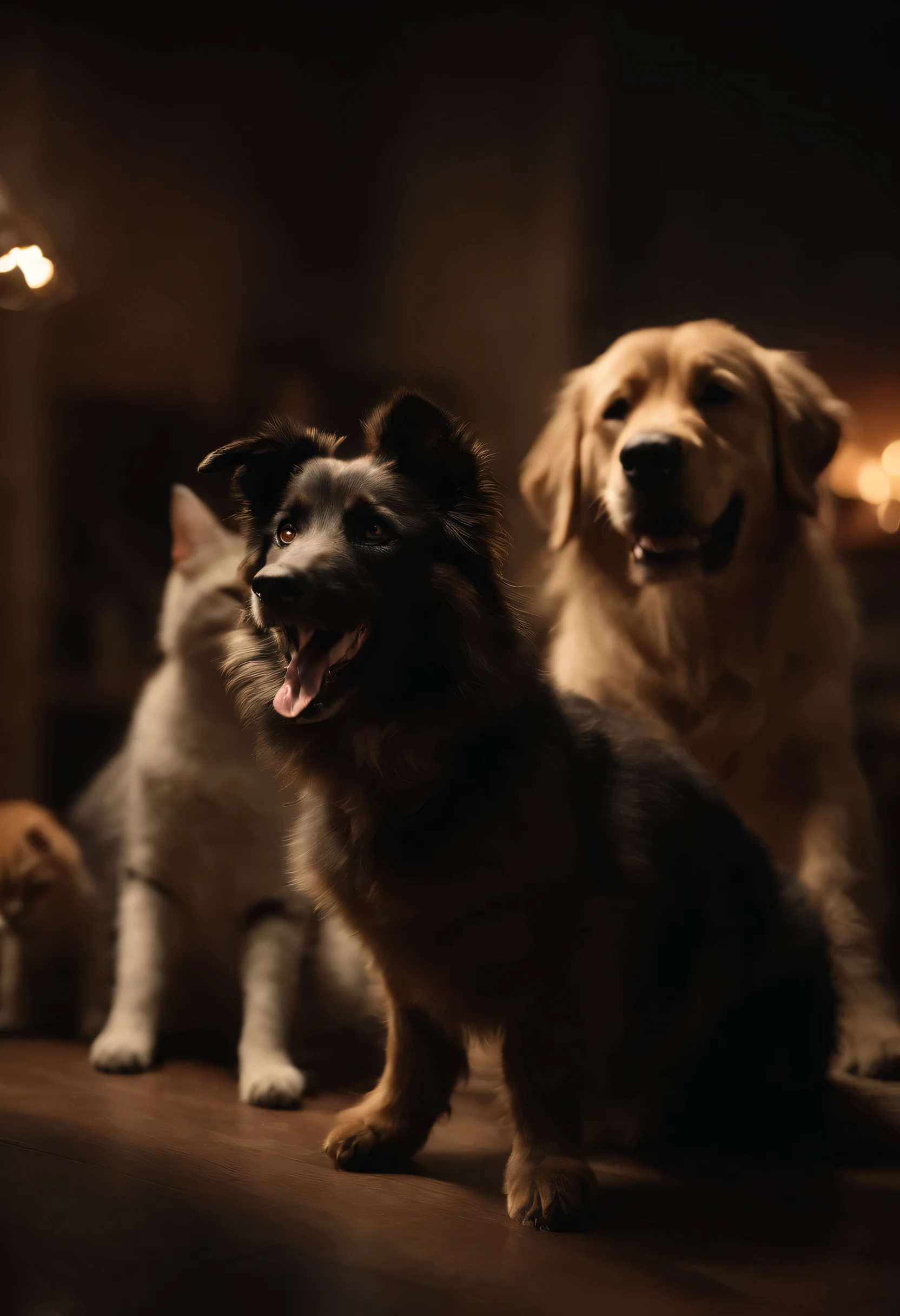 Ultra-realistic photo of five dogs and three cats exhibiting frantic and erratic behavior, pre-earthquake signs, dogs jumping and running away, cats leaping and acting wildly, highly detailed and lifelike, ominous and unsettling atmosphere, sense of impending disaster, dark and eerie setting, tension and fear in the scene
