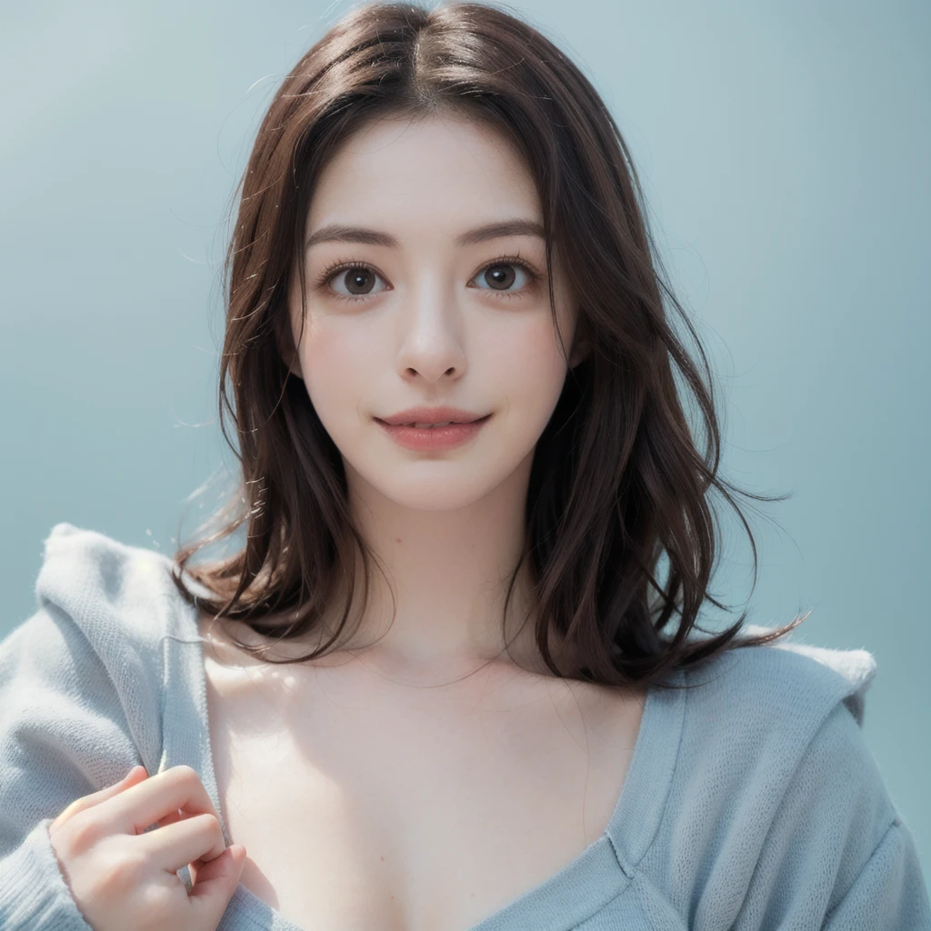 masterpiece, best quality, ultra realistic photograph, 16K, (HDR), high resolution, female_solo, ((quite a bit body, )), nice_cleavage, beautiful hourglass body, nice slender legs, looking at viewer, big eyes, ((the luxurious prettiest Japanese idol model in the world, Anne Hathaway blended face, 24yo)), (laughing small eyed, random lower dresses), random stunning camera angle view, random perfectly camera lens, pastel blue simple background,
