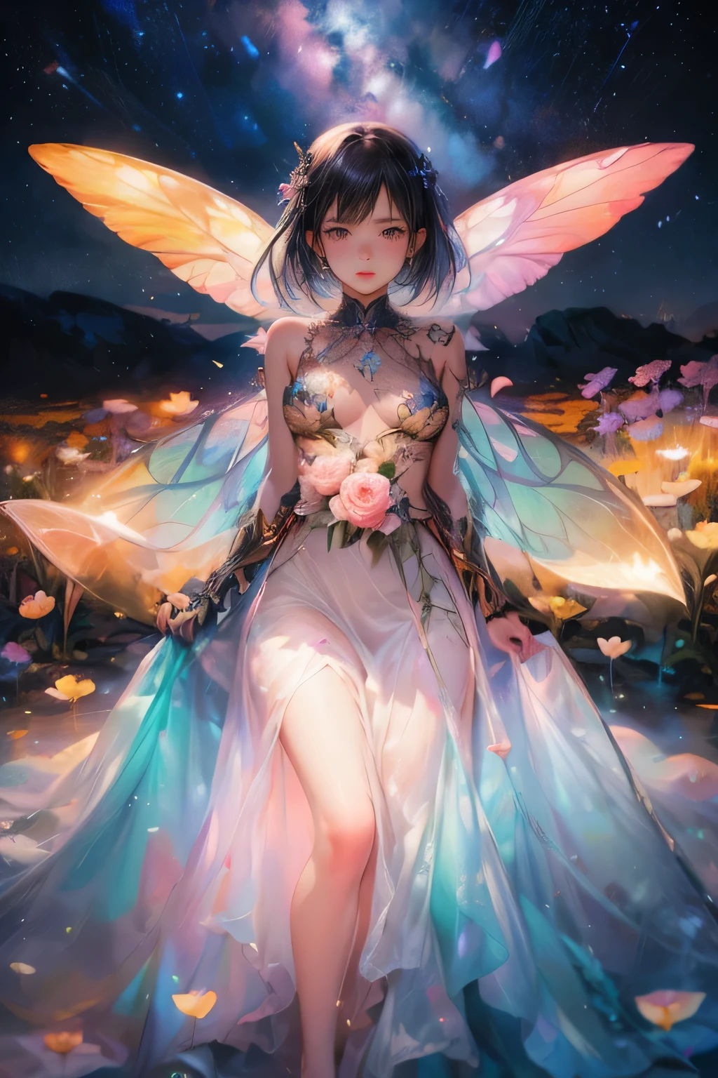 Close up,Flower crystal fairy,she has 2 shiny butterfly wings, surrounded by lots of crystal flower,crystal blossom flower, crystal petal
fantasy, galaxy, transparent,(under the starry night),
shimmering, sparkling, splendid, colorful, 
magical photography, dramatic lighting, photo realism, ultra-detailed, 4k, High-resolution