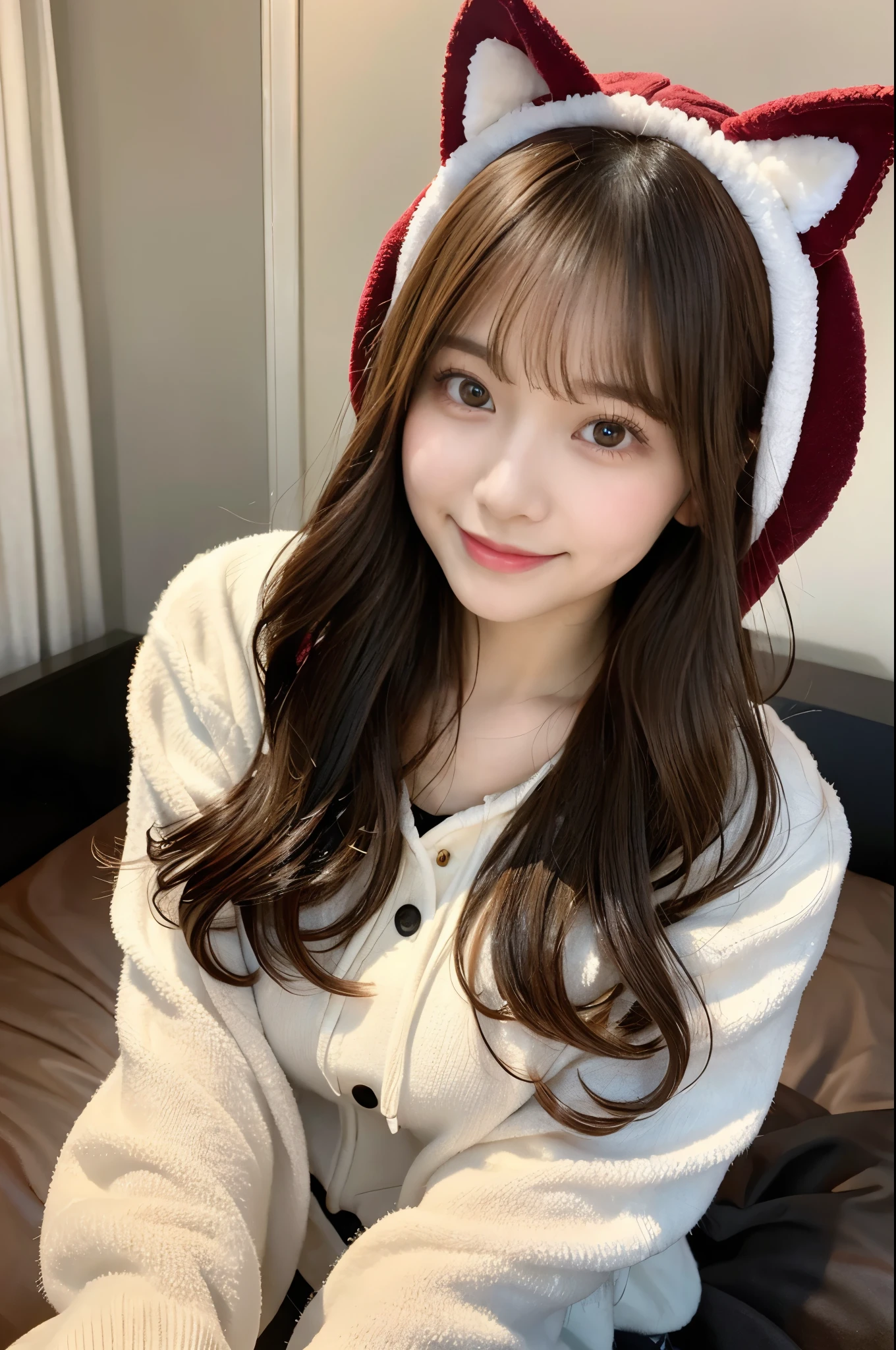 (Close-up shot)4hair、High resolution、⦅Big Tits 1.6⦆、looking at the camera、⦅Smile 1.6⦆⦅Brown Hair⦆、20-year-old、((Straight Long Hair⦆、1 girl、Hoodie with cat ear hood、Japanese women、beautiful girl、Well-groomed face、cute、Sit on the bed