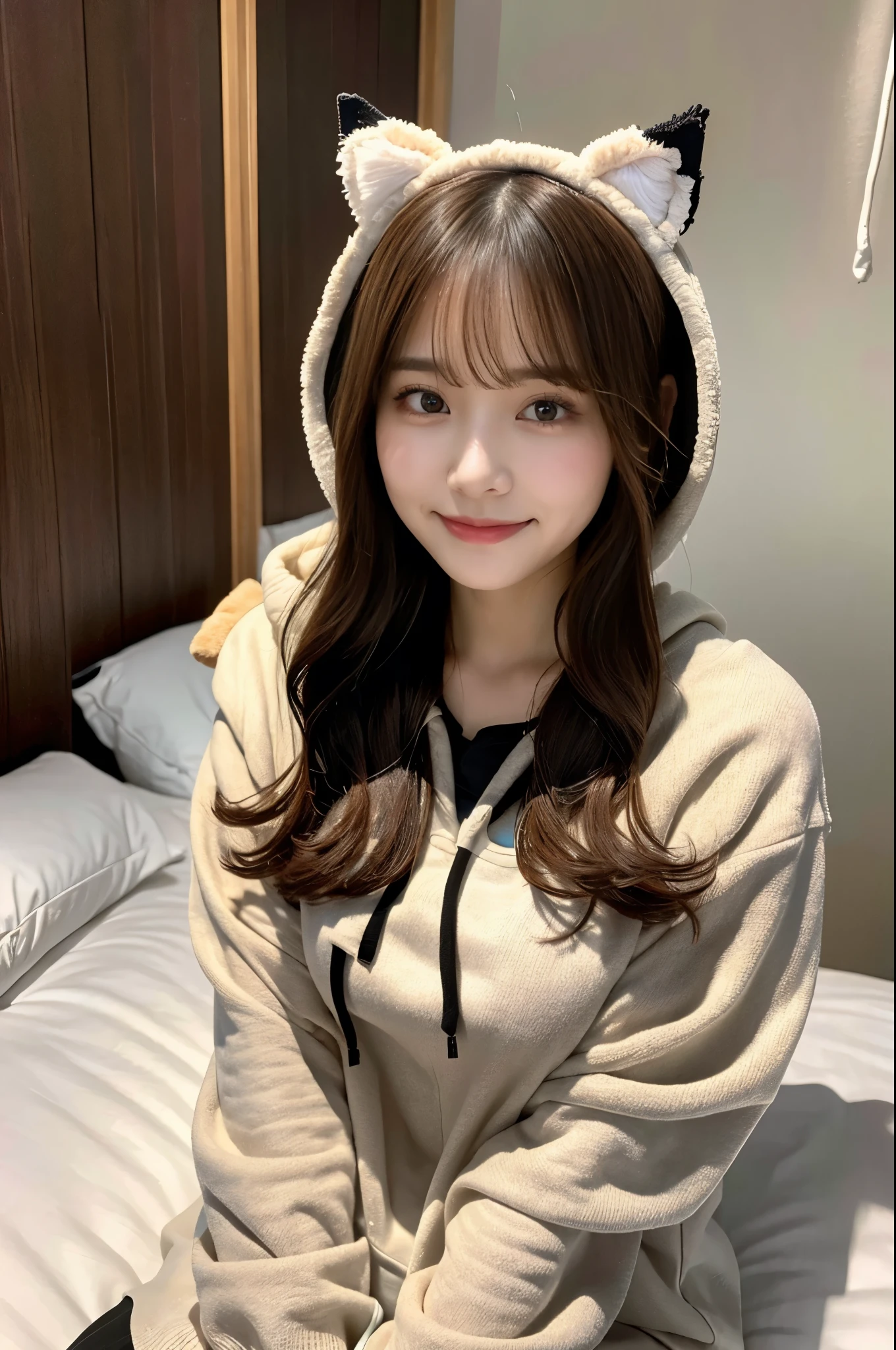 (Close-up shot)4hair、High resolution、⦅Big Tits 1.6⦆、looking at the camera、⦅Smile 1.6⦆⦅Brown Hair⦆、20-year-old、((Straight Long Hair⦆、1 girl、Hoodie with cat ear hood、Japanese women、beautiful girl、Well-groomed face、cute、Sit on the bed