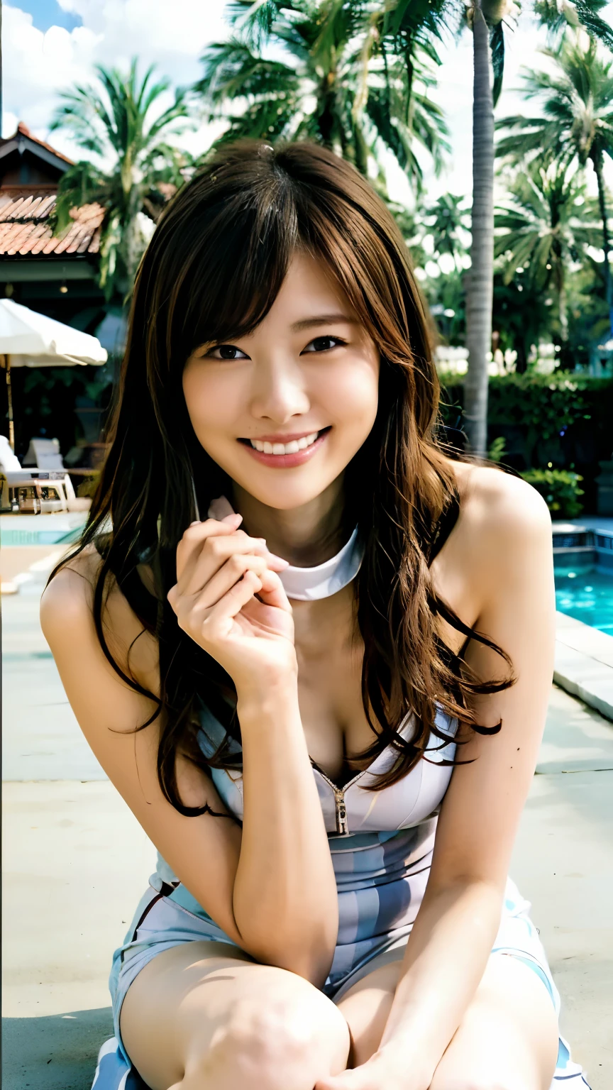 Hawaii poolside photoshoot,A very popular young and beautiful idol is kneeling,White and blue high neck、A front zip high leg one piece swimsuit and stiletto heels are great.,(((Pull your chin in, Lift the corners of your mouth, Smiling and answering the cameraman.))),Full body shot from the side,Best image quality,Professional perspective,Excellent detail,超A high resolution,Realistic:1.4),High detail,Attention to detail,One girl is concentrating,beautiful chestnut hair,Beautiful face with a delicate and high nose,Model-like long limbs and a slim waist,Beautiful ankles and white stiletto heels,Perfect Anatomy,