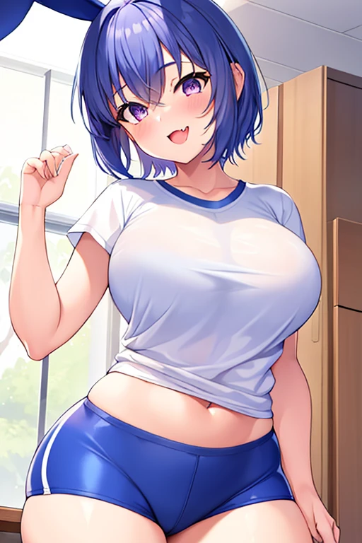 1girl, bunny ears, rabbit ears, very short hair, pixie cut, blue hair, purple eyes, light smile, fang, ((fang)), large breasts, thick thighs, gym uniform, shirt, white shirt, short pants, blue shorts, standing, toned