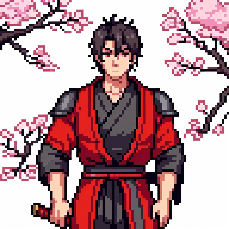 Make a samurai, he is under a cherry tree holding his sword