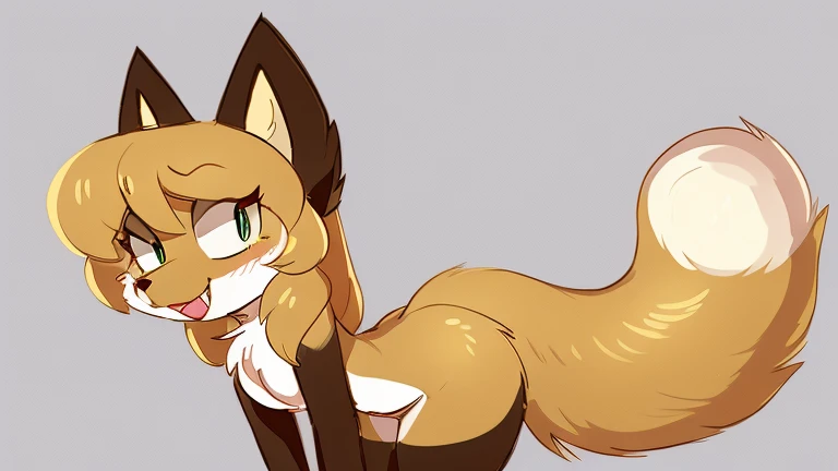 Nervous smiling, uploaded the e621, beautiful and detailed, woman (((female))) ((anthro)) Fox, (Averi, Fox girl), by waspsalad, by phluks, by zero-sum, cinematic lighting, Fox, (anthro, fluffy fur, character focus:1.1), 1girl, anthro fox girl, body fur, curvy, , nice, cute, hot, comfortable anime-style cartoon-style, digital drawing, (half-closed eyes), green eyes, , smug, sassy, fangs, sassy , simple background, raised tail, long tail, , presenting , looking back at viewer