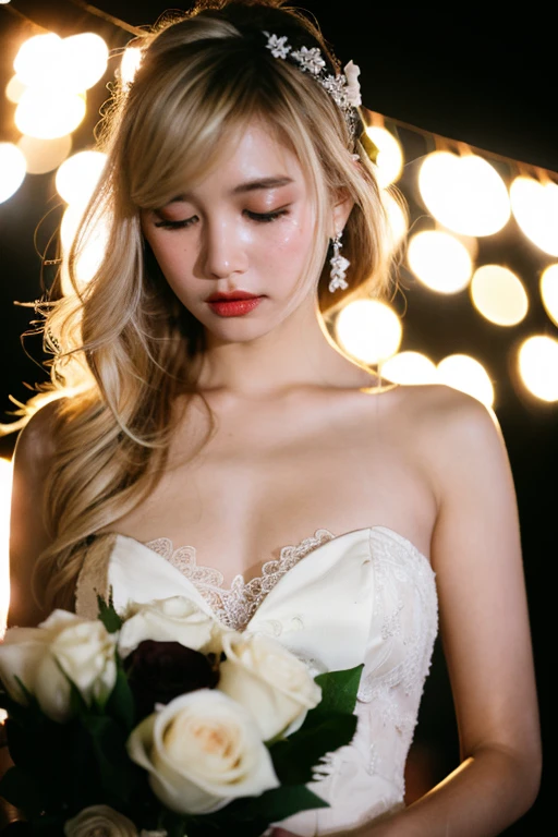 Wedding dress,Half Body,View here,tears,Disheveled Hair,flower,bouquet,Rose,woman,White Dress、Close-up image、Night view、Night Town、Blonde,Half Up,sad,dark
