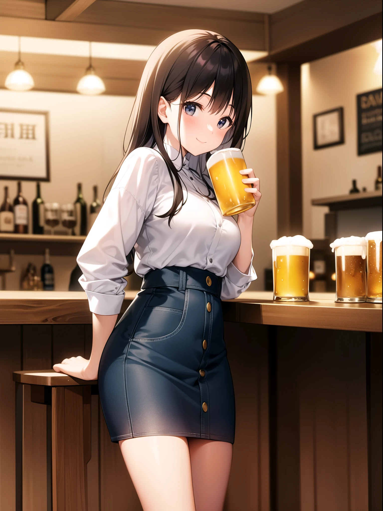 At the pub、A woman drinking beer at a table with food。Woman wearing a white shirt、Smiling and holding a beer mug。In the background is a bar counter and a row of wooden chairs.、There is a warm atmosphere。