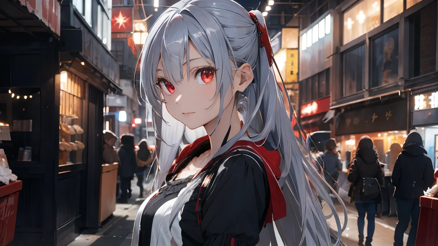 ((best quality)),1 girl, red eyes, long hair, silver hair, solo, very long hair, aristocrat