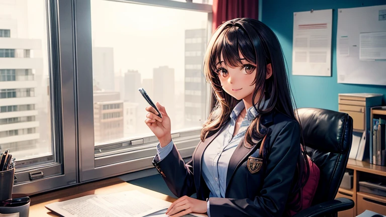 A photo of Maya in her office, looking composed and confident on the outside