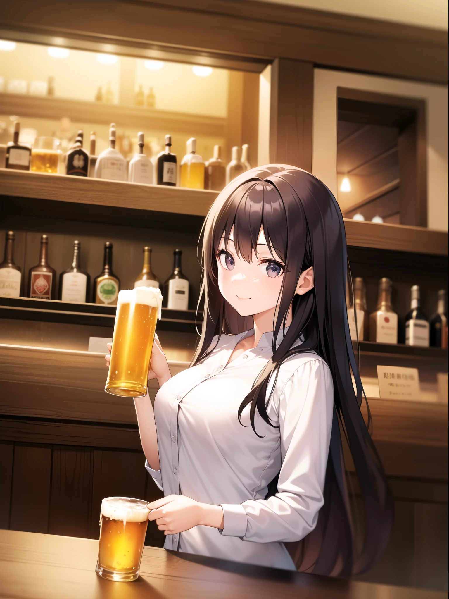At the pub、A woman drinking beer at a table with food。Woman wearing a white shirt、Smiling and holding a beer mug。In the background is a bar counter and a row of wooden chairs.、There is a warm atmosphere。
